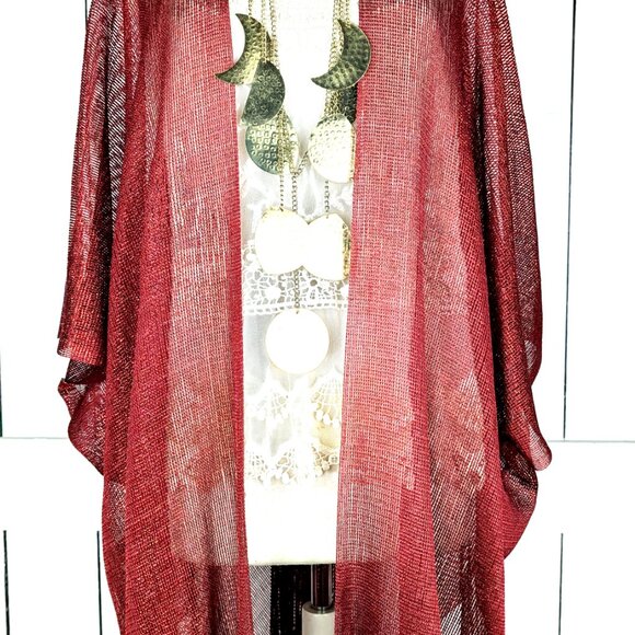 Red metallic mesh fringe kimono cover up - Picture 3 of 7